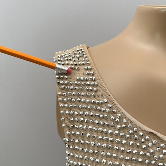 Cache Women Dress Y2K Sleeveless Rhinestone Embellished Mesh Beige Silver M - Picture 10 of 14